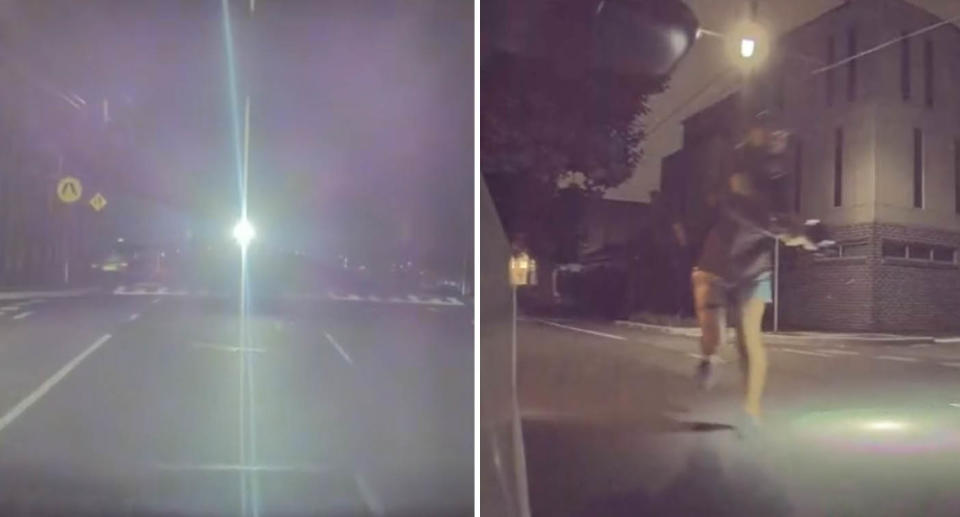 Two photos of a stranger shining a flashlight at a driver.