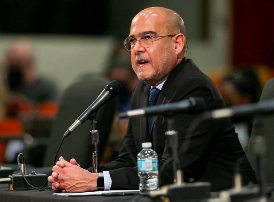 Candidate for Miami-Dade Public Schools Superintendent Jose Dotres participates in a public interview at the school board’s headquarters in downtown Miami, Florida on Monday, January 24, 2022. Dotres, deputy superintendent of Collier County Public Schools, is one of three finalist applying for the position of superintendent.