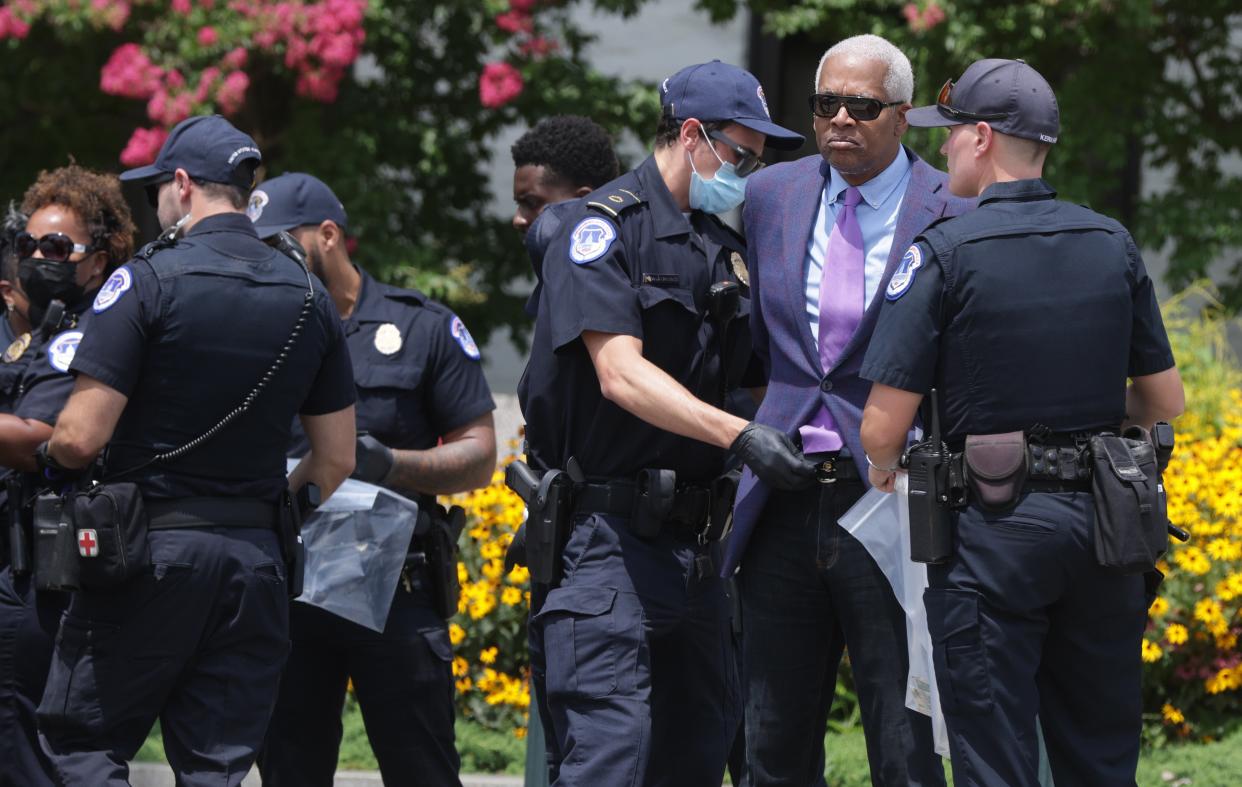 US Rep Hank Johnson was arrested by US Capitol Police on 22 July during a voting rights demonstration. (Getty Images)