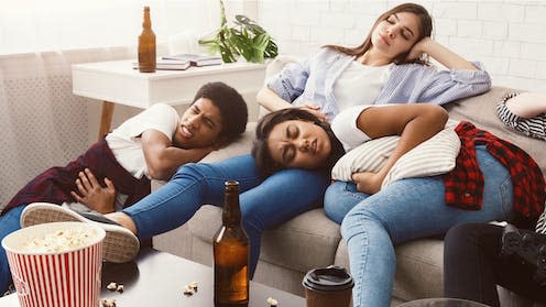 <span class="caption">Even if you drink the same amount, it's likely your hangover will be different from your friends.</span> <span class="attribution"><a class="link " href="https://www.shutterstock.com/image-photo/hangover-after-party-friends-suffering-stomachache-1356266630" rel="nofollow noopener" target="_blank" data-ylk="slk:Prostock-studio/ Shutterstock;elm:context_link;itc:0;sec:content-canvas">Prostock-studio/ Shutterstock</a></span>