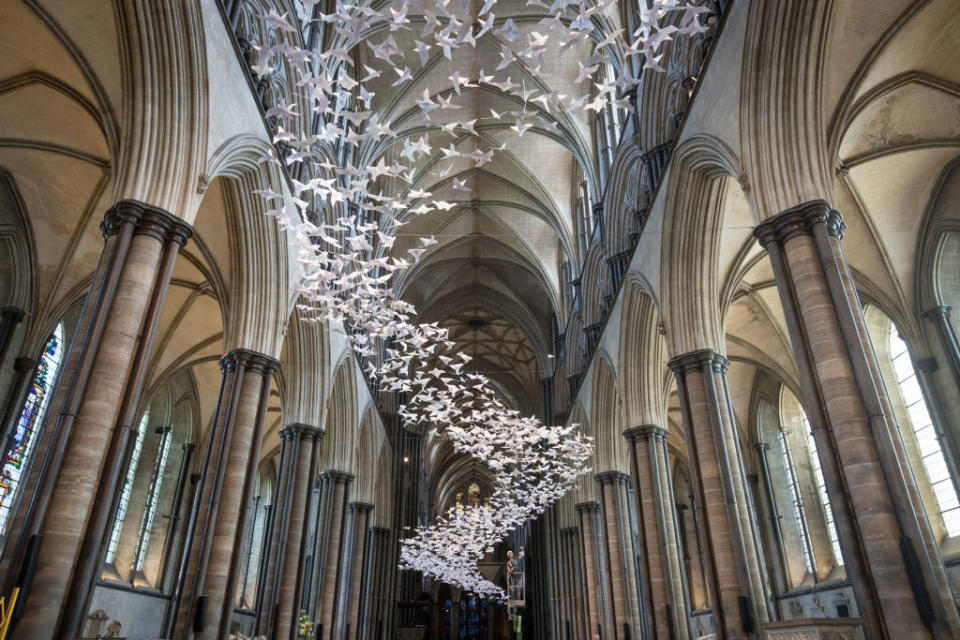 Thousands of white doves are installed in Salisbury cathedral