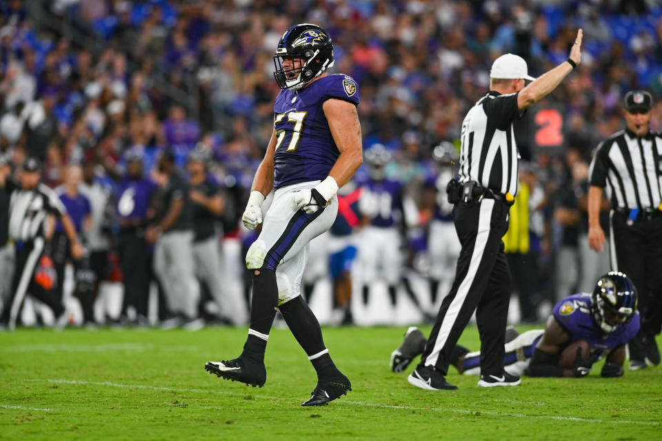 Aug 27, 2022; Baltimore, Maryland, USA; Baltimore Ravens linebacker Kristian Welch (57) reacts after sacking <a class="link " href="https://sports.yahoo.com/nfl/teams/washington/" data-i13n="sec:content-canvas;subsec:anchor_text;elm:context_link" data-ylk="slk:Washington Commanders;sec:content-canvas;subsec:anchor_text;elm:context_link;itc:0">Washington Commanders</a> quarterback <a class="link " href="https://sports.yahoo.com/nfl/players/34100" data-i13n="sec:content-canvas;subsec:anchor_text;elm:context_link" data-ylk="slk:Sam Howell;sec:content-canvas;subsec:anchor_text;elm:context_link;itc:0">Sam Howell</a> (not pictured) during the second half at M&T Bank Stadium. Mandatory Credit: Tommy Gilligan-USA TODAY Sports