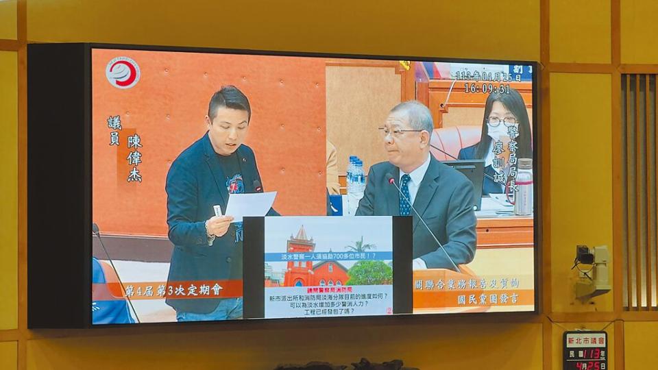 新北市國民黨新北市議員陳偉杰（左）25日在議會針對淡水區警民比高達1：734質詢警察局長廖訓誠（右）。（呂健豪攝）