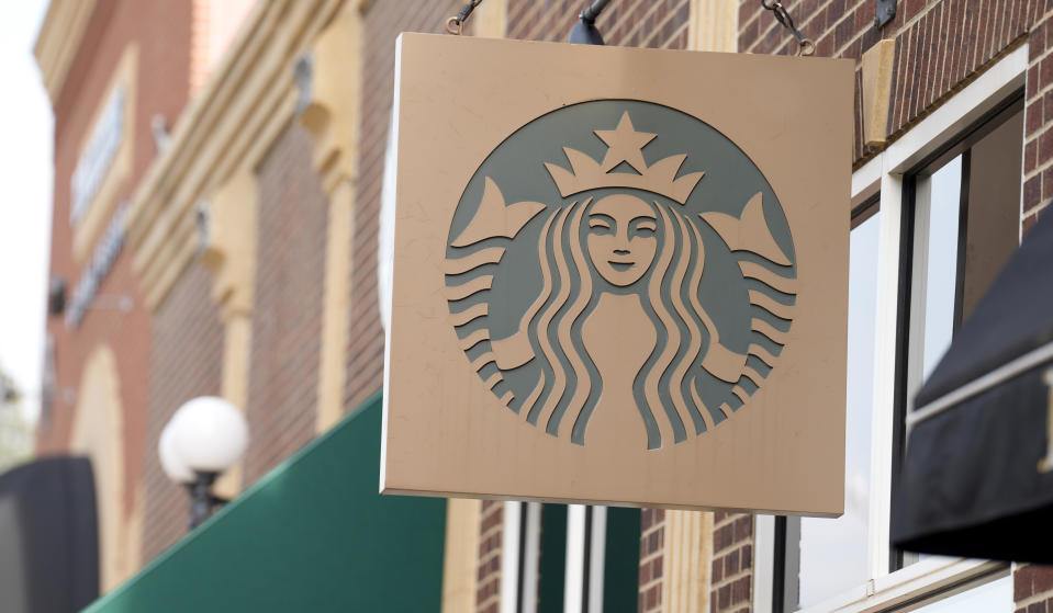 FILE - Starbucks sign hangs outside a casino along Main Street Wednesday, Sept. 20, 2023, in Deadwood, S.D. On Friday, Jan. 19, 2024, The Associated Press reported on stories circulating online incorrectly claiming Starbucks has begun selling a watermelon mug to signal its support for Palestinians amid the Israel-Hamas war and appease those boycotting the chain. (AP Photo/David Zalubowski, File)