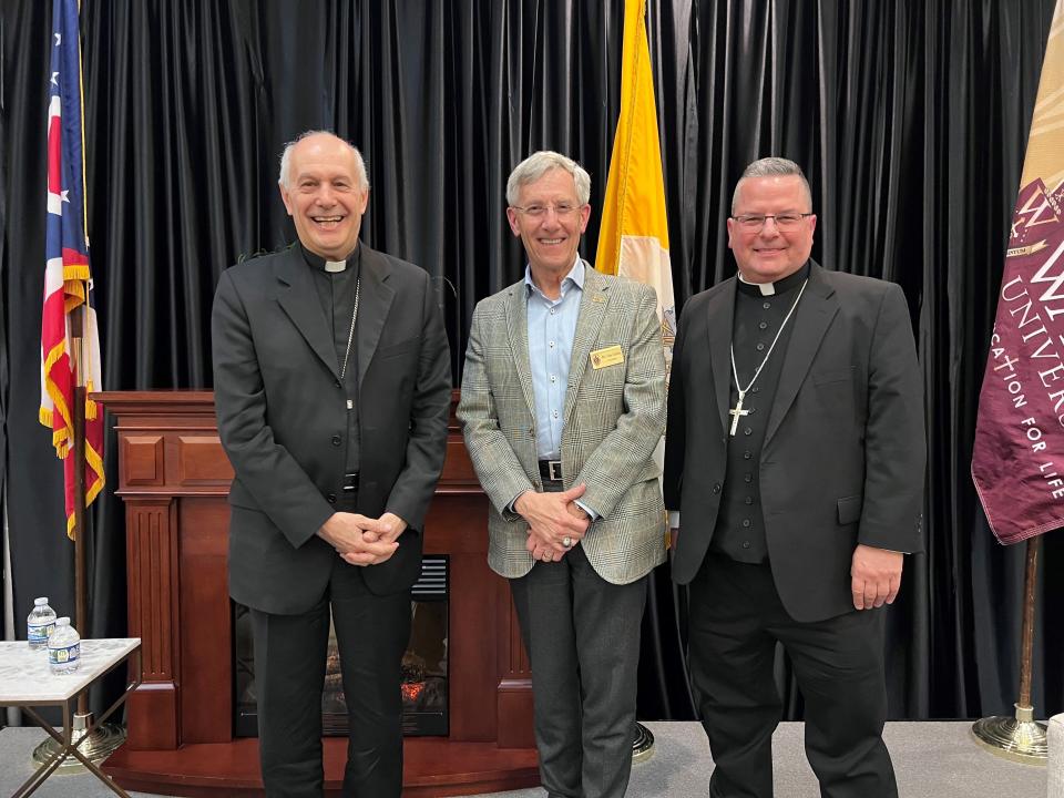 Archbishop Gabriele Caccio, left, and Diocese of Youngstown Bishop David Bonnar, right, took part in a panel discussion April 3, 2024, at Walsh University. Walsh President Tim Collins, center, also was on hand for the discussion.