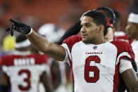 Arizona Cardinals running back James Conner celebrates a 37-14 win over the Cleveland Browns in an NFL football game, Sunday, Oct. 17, 2021, in Cleveland. (AP Photo/Ron Schwane)