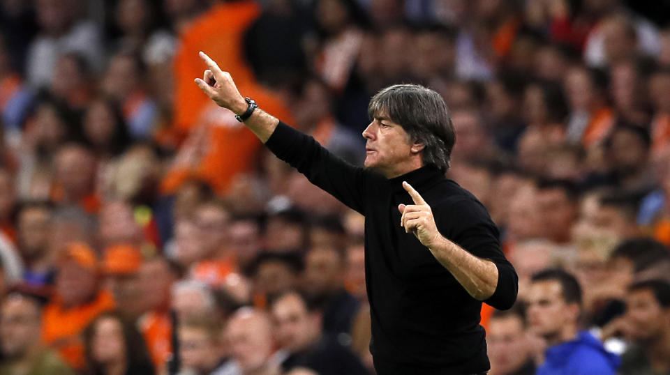 Germany's head coach Joachim Loew coaches his team during the UEFA Nations League soccer match between The Netherlands and Germany at the Johan Cruyff ArenA in Amsterdam, Saturday, Oct. 13, 2018. (AP Photo/Peter Dejong)