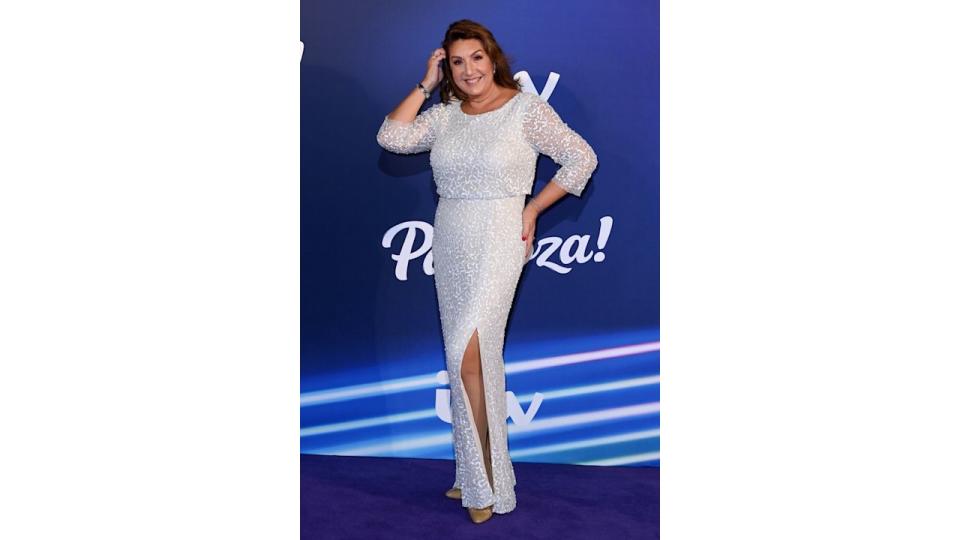 Jane McDonald in a white dress