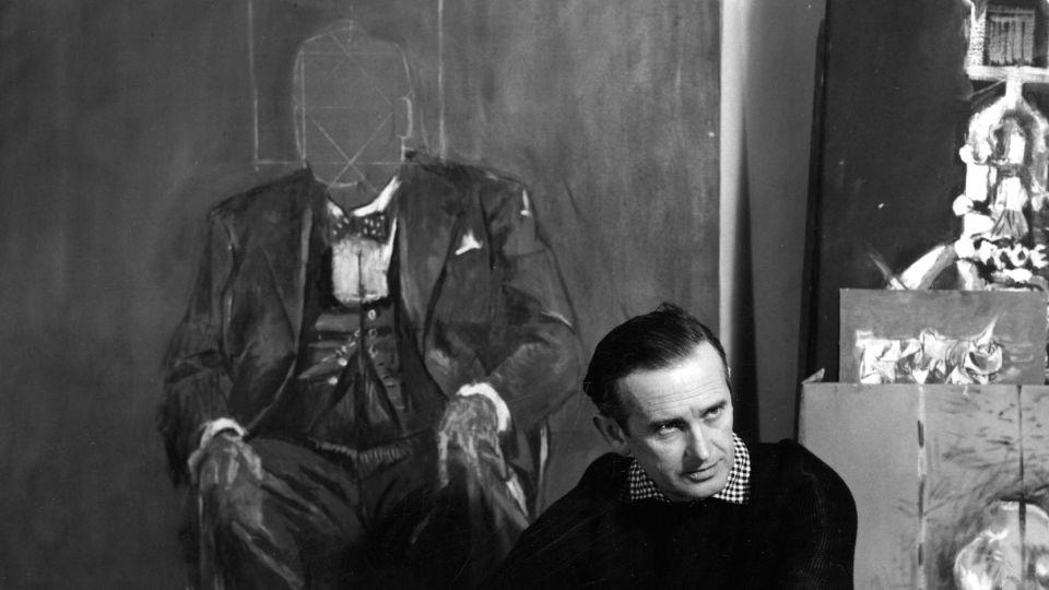 Graham Sutherland, seen with his-then unfinished but eventually much-maligned portrait of Churchill. In Netlfix's depiction of events, Churchill described his appearance in the painting as “a broken, sagging, pitiful creature,” and Sutherland as “a Judas wielding his murderous brush.” - Baron/Hulton Archive/Getty Images