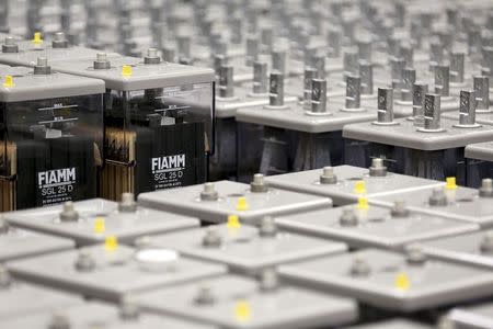 FIAMM batteries are seen in this photo illustration taken at the battery maker's factory in Avezzano, near L'Aquila, November 28, 2014. REUTERS/Alessandro Bianchi