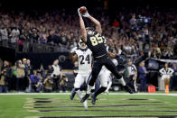 <p>Dan Arnold #85 of the New Orleans Saints misses a catch in the end zone against the Los Angeles Rams during the first quarter in the NFC Championship game at the Mercedes-Benz Superdome on January 20, 2019 in New Orleans, Louisiana. (Photo by Streeter Lecka/Getty Images) </p>