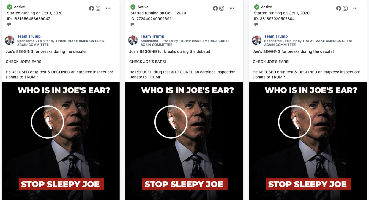 Facebook ads from Donald Trump's campaign promote a conspiracy that Joe Biden would rely on an earpiece during their first debate. (Facebook)