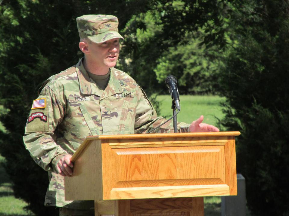 Col. Scott Pence, outgoing Fort Bragg garrison commander, makes remarks during a command change ceremony Friday, June 24, 2022, at Fort Bragg.