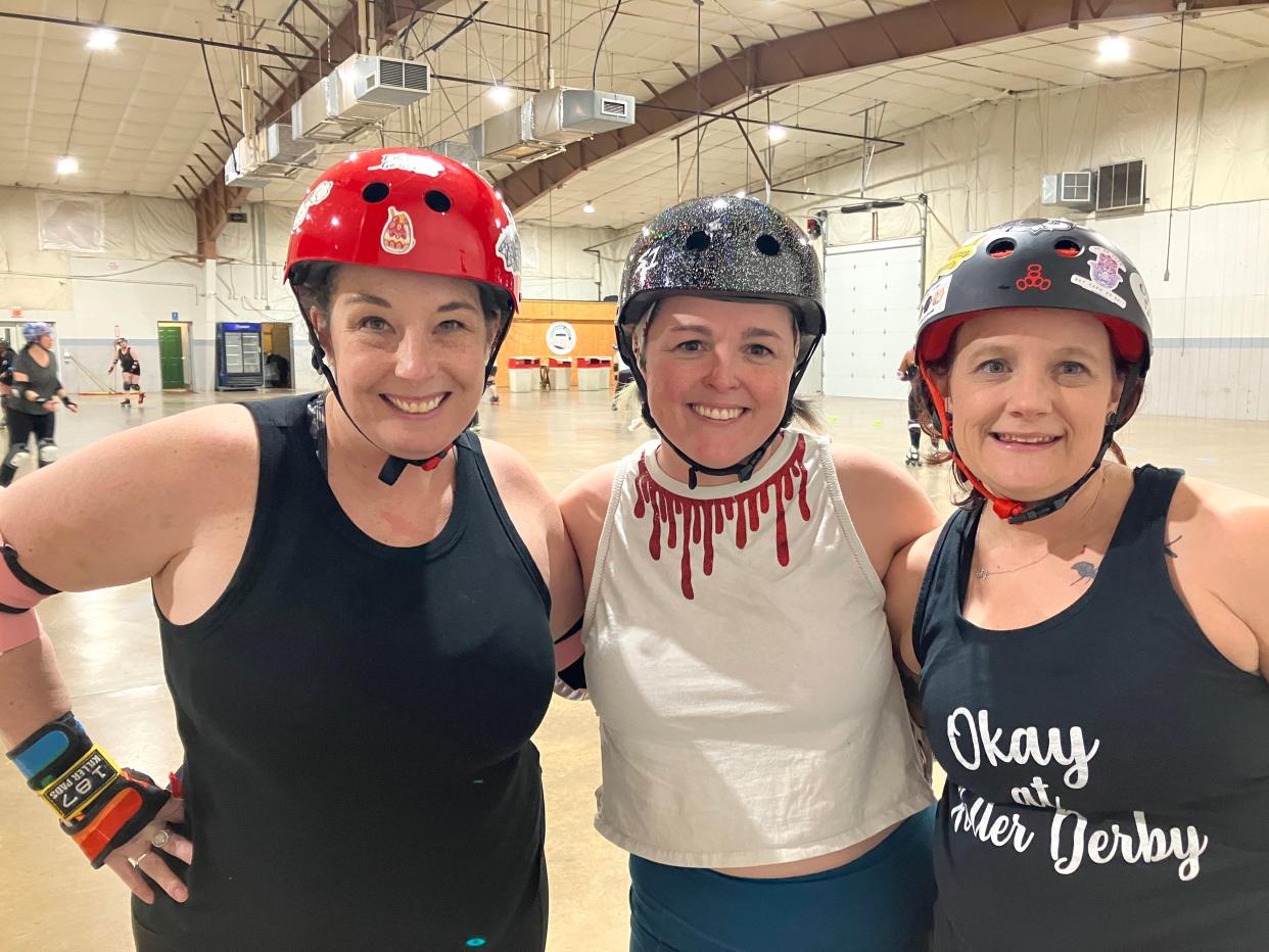 Lora Dattilio (from left), Caroline Cook and Beth Van Pelt are Staunton and Augusta County members of the Rocktown Rollers, a Harrisonburg-based roller derby team.