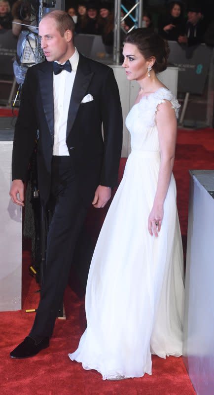 Prince William and Kate Middleton attend the red carpet at the British Academy Film Awards at the Royal Albert Hall in London on February 10, 2019. Middleton turns 42 on January 9. File Photo by Rune Hellestad/UPI