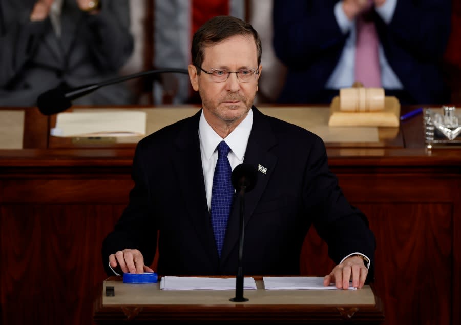 WASHINGTON, DC – JULY 19: Israeli President Isaac Herzog addresses a joint meeting of the U.S. Congress at the U.S. Capitol on July 19, 2023 in Washington, DC. Herzog’s speech on the floor of the House of Representatives stirred controversy as some liberal Democrats planned to boycott, underscoring tensions between the two countries. (Photo by Chip Somodevilla/Getty Images)