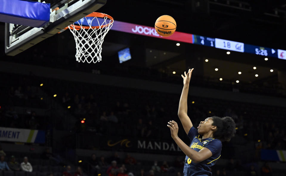 California forward Ugonne Onyiah shoots against Washington State during the first half of an NCAA college basketball game in the first round of the Pac-12 women's tournament Wednesday, March 1, 2023, in Las Vegas. (AP Photo/David Becker)