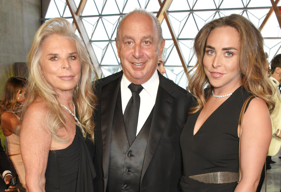 (L to R) Tina Green, Sir Philip Green and Chloe Green attend the Fashion for Relief cocktail party during the 70th annual Cannes Film Festival at Aeroport Cannes Mandelieu on May 21, 2017 in Cannes, France. (Photo by David M Benett/Dave Benett/Getty Images) 