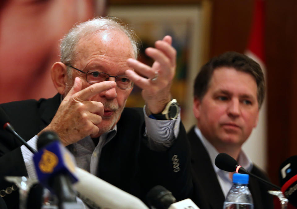 UNICEF Executive Director Anthony Lake, left, speaks during a joint press conference with officials from a UN refugee agency, Mercy Corps, Save the Children, Mercy Corps and Save the Children, as chief executive of Save the Children Justin Forsyth, right, listens in Beirut, Lebanon, Saturday, March 15, 2014. Aid agencies said that every statistic surrounding Syrian children had worsened as the conflict entered its fourth year, warning an entire generation of Syrians was now in danger. (AP Photo/Bilal Hussein)