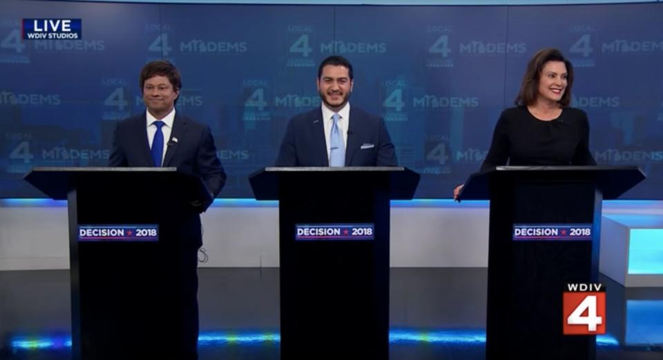 From left to right: Shri Thanedar, Abdul El-Sayed and Gretchen Whitmer participate in a live television debate on July 19, 2018. (Photo: WDIV)