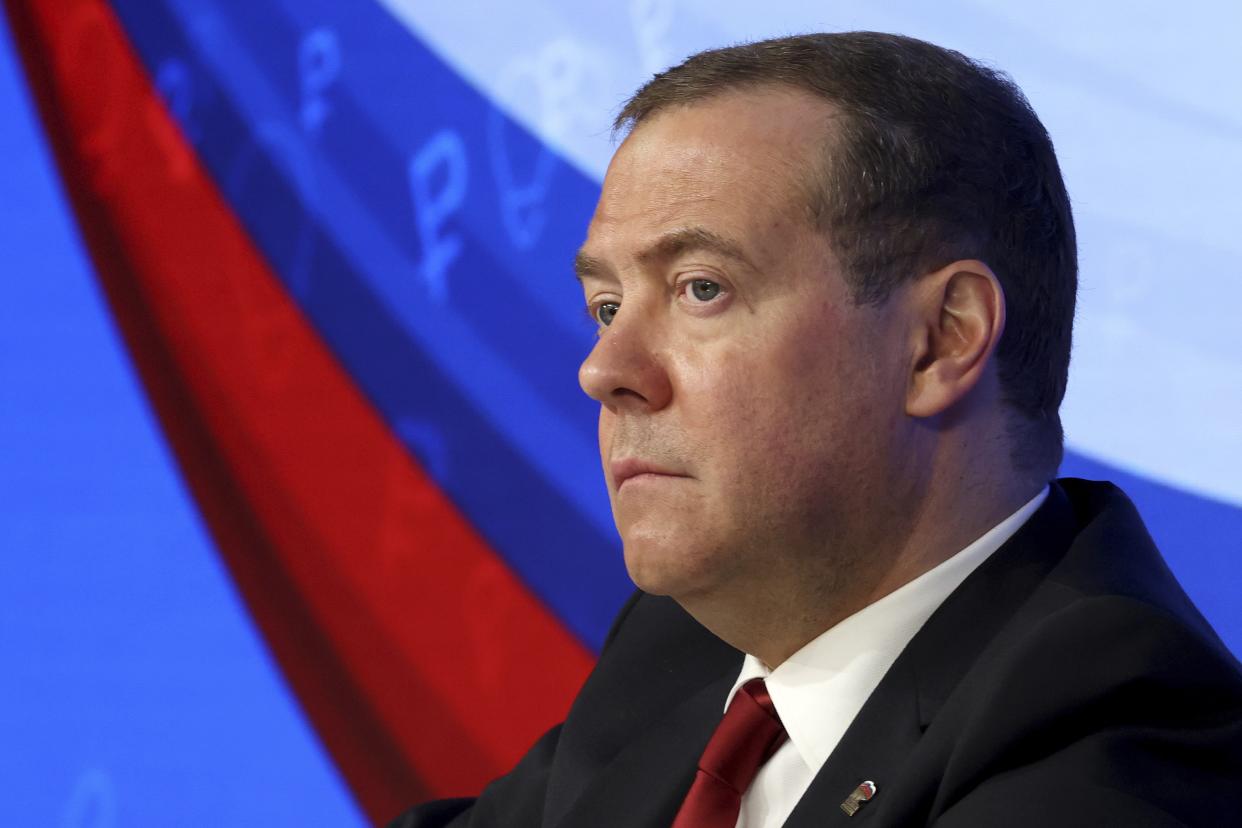 Russian Security Council Deputy Chairman and the head of the United Russia party Dmitry Medvedev attends a session of the Entrepreneurship in the New Economic Reality forum in Moscow, Russia, Thursday, May 26, 2022. (Yekaterina Shtukina, Sputnik, Photo via AP)