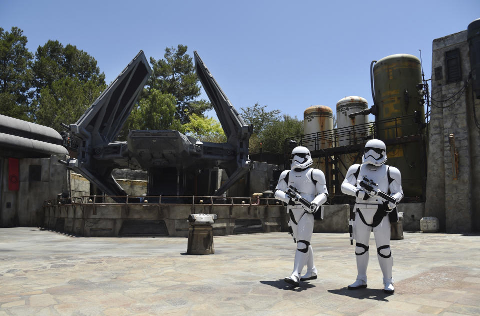 Stormtroopers patrol the Tie Echelon Stage during the Star Wars: Galaxy's Edge Media Preview at Disneyland Park, Wednesday, May 29, 2019, in Anaheim, Calif. (Photo by Chris Pizzello/Invision/AP)