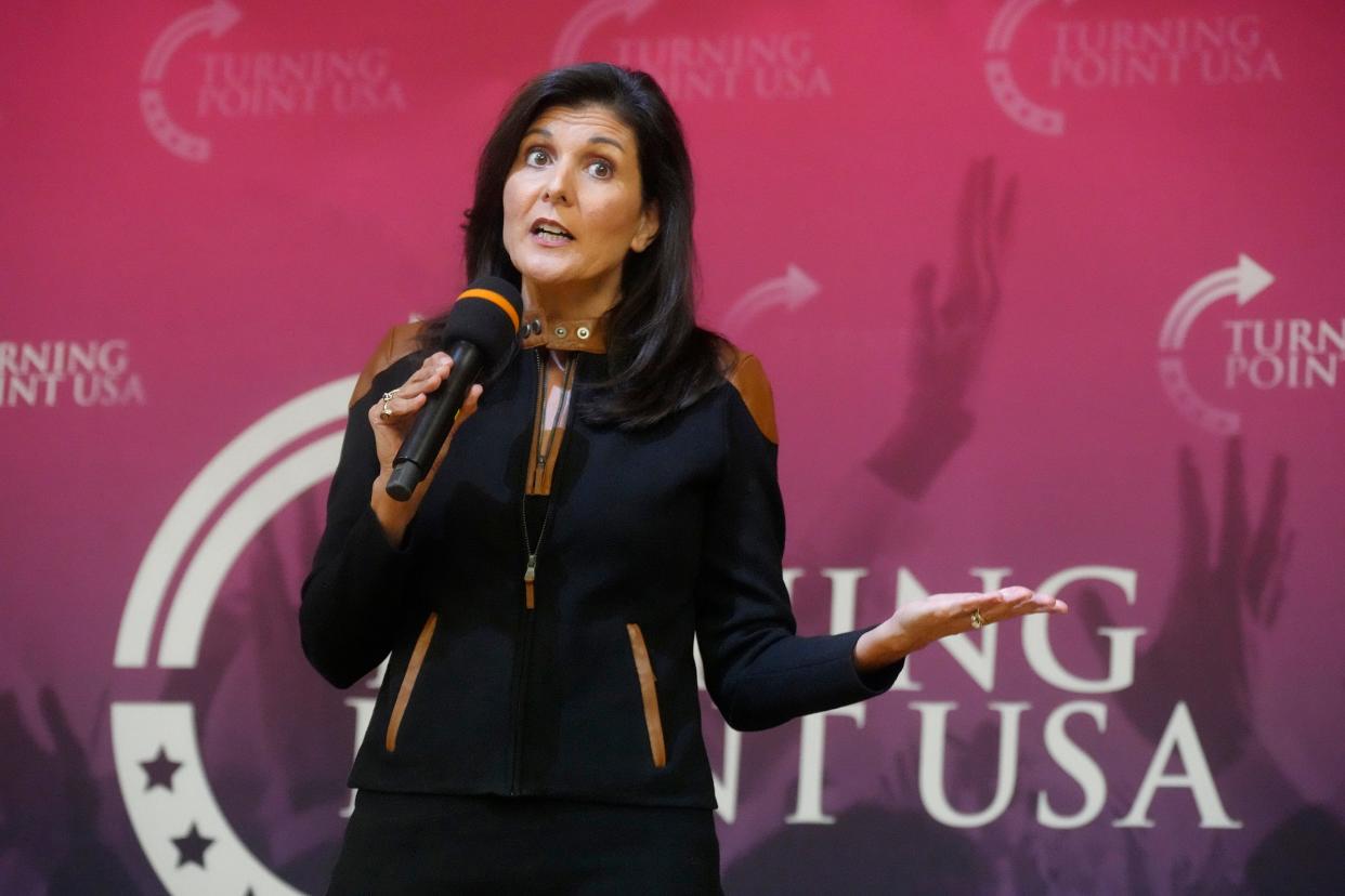 Former U.N. Ambassador and former South Carolina Gov. Nikki Haley speaks during an event sponsored by Turning Point USA at Clemson University on Tuesday, Nov. 29, 2022, in Clemson, S.C. (AP Photo/Meg Kinnard)