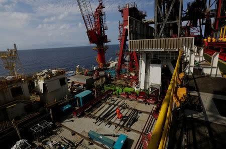 Employees work at the Centenario deep-water oil platform in the Gulf of Mexico off the coast of Veracruz, Mexico January 17, 2014. REUTERS/Henry Romero