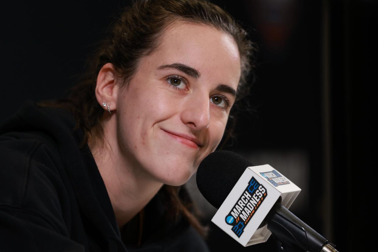 Iowa's Caitlin Clark speaks to media during an open locker room session on Thursday ahead of the 2024 NCAA Women's Basketball Tournament Final Four in Cleveland.