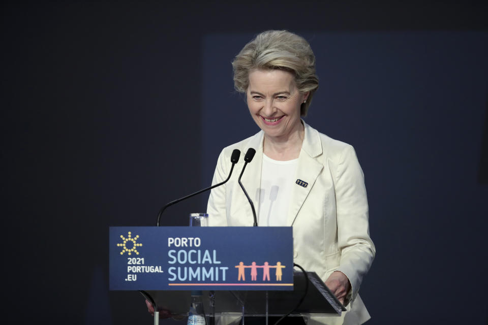 European Commission President Ursula von der Leyen speaks during the opening ceremony of an EU summit at the Alfandega do Porto Congress Center in Porto, Portugal, Friday, May 7, 2021. European Union leaders are meeting for a summit in Portugal on Friday, sending a signal they see the threat from COVID-19 on their continent as waning amid a quickening vaccine rollout. Their talks hope to repair some of the damage the coronavirus has caused in the bloc, in such areas as welfare and employment. (AP Photo/Luis Vieira, Pool)