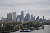 The financial district of London, Saturday, May 8, 2021. On what was dubbed Super Thursday, around 50 million voters were eligible to take part in scores of elections in the UK, some of which had been postponed a year because of the pandemic that has left the U.K. with Europe’s largest coronavirus death toll. (AP Photo/Alberto Pezzali)