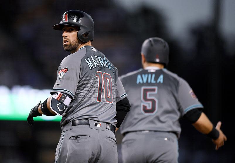 Deven Marrero (left) and Alex Avila of the Diamondbacks react after committing the ultimate baserunning blunder. (AP)