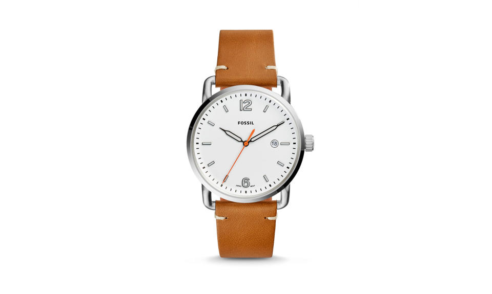 <p>The Commuter Three-Hand Date light brown leather watch, $95, <a rel="nofollow noopener" href="https://www.fossil.com/us/en/products/the-commuter-three-hand-date-light-brown-leather-watch-sku-fs5395p.html" target="_blank" data-ylk="slk:fossil.com" class="link ">fossil.com</a> </p>