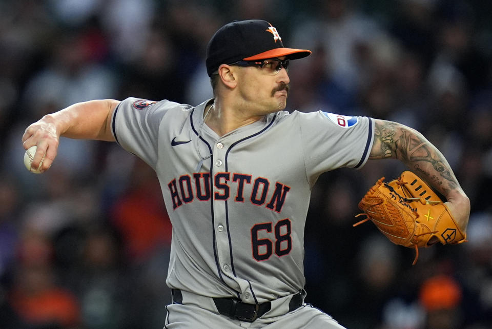 Houston Astros starting pitcher J.P. France throws against the Chicago Cubs during the first inning of a baseball game Tuesday, April 23, 2024, in Chicago. (AP Photo/Erin Hooley)