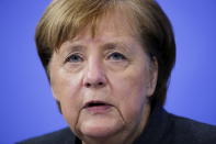 German Chancellor Angela Merkel speaks during a news conference on further coronavirus measures, at the Chancellery in Berlin, Germany, Tuesday Jan. 19, 2021. (Hannibal Hanschke/Pool via AP)