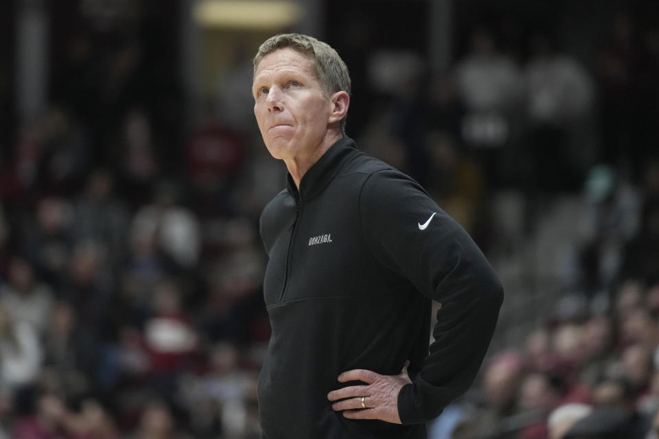 Gonzaga head coach Mark Few reacts on the sideline during the first half of the team's NCAA college basketball game against Santa Clara in Santa Clara, Calif., Thursday, Jan. 11, 2024. (AP Photo/Jeff Chiu)