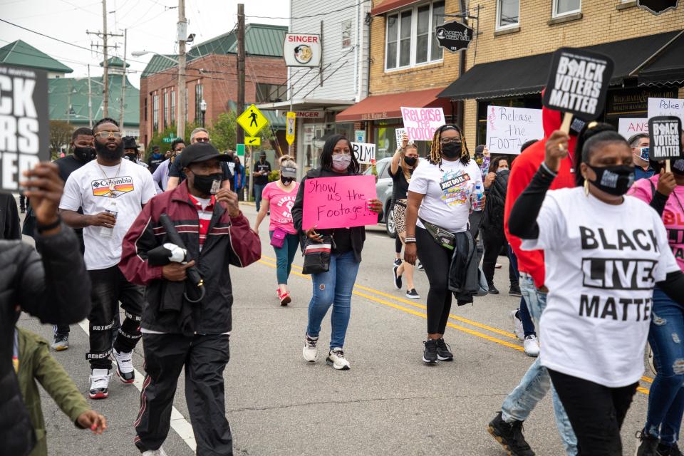 Protesters take to the streets calling for the release of body cam footage of the police killing of Andrew Brown in Elizabeth City, North Carolina.AFP via Getty Images