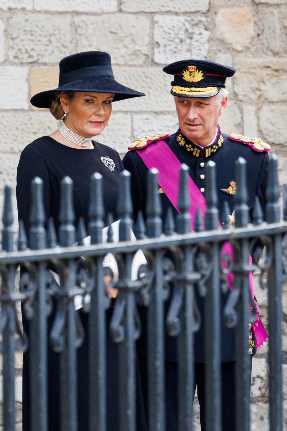 King Philippe of Belgium and Queen Mathilde of Belgium during the State Funeral of Queen Elizabeth II at Westminster Abbey on September 19, 2022 in London, England.