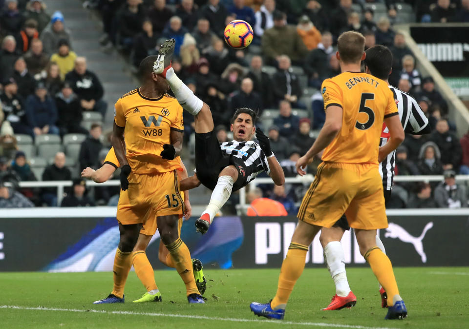 Ayoze Perez attempts an acrobatic strike at goal