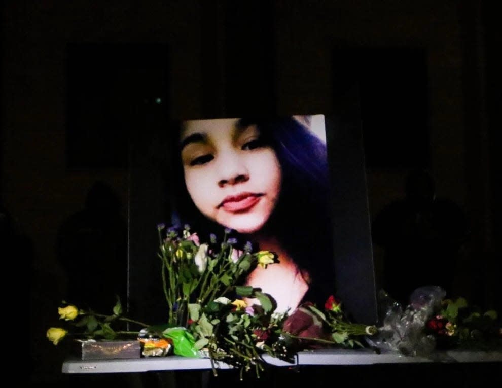A photo of Abbey Lynn Steele on display during a vigil on Dec. 6, 2022, outside the Pennington County Jail in Rapid City.