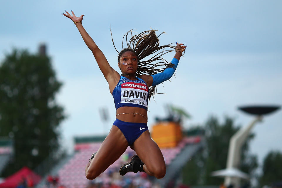 <p>Tara Davis of The USA in action during the final of the women's long jump on day four of The IAAF World U20 Championships on July 13, 2018 in Tampere, Finland. (Photo by Charlie Crowhurst/Getty Images for IAAF)</p> 