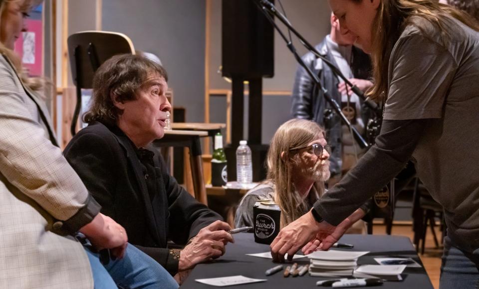 Influential singer-songwriter Dwight Twilley speaks with fans Feb. 18, 2023, in The Church Studio in Tulsa.