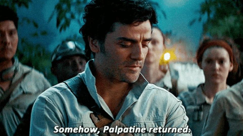 Poe Dameron (Oscar Isaac) explains how "Somehow, Palpatine returned" in The Rise of Skywalker. 