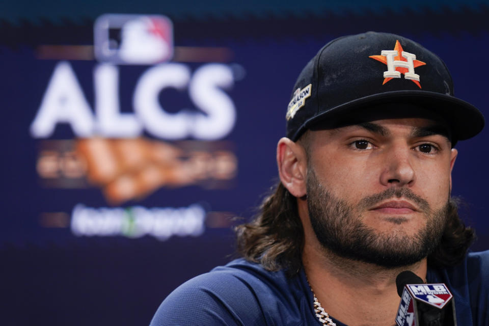 Houston Astros' Lance McCullers Jr. talks to reporters during a baseball news conference before Game 3 of an American League Championship Series against the New York Yankees at Yankee Stadium, Saturday, Oct. 22, 2022, in New York. (AP Photo/Seth Wenig)