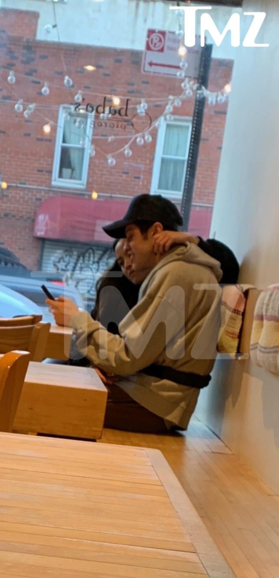 EXCLUSIVE - Pete Davidson and Chase Sui Wonders waiting for takeout Monday afternoon at Baba's Perogies in Brooklyn