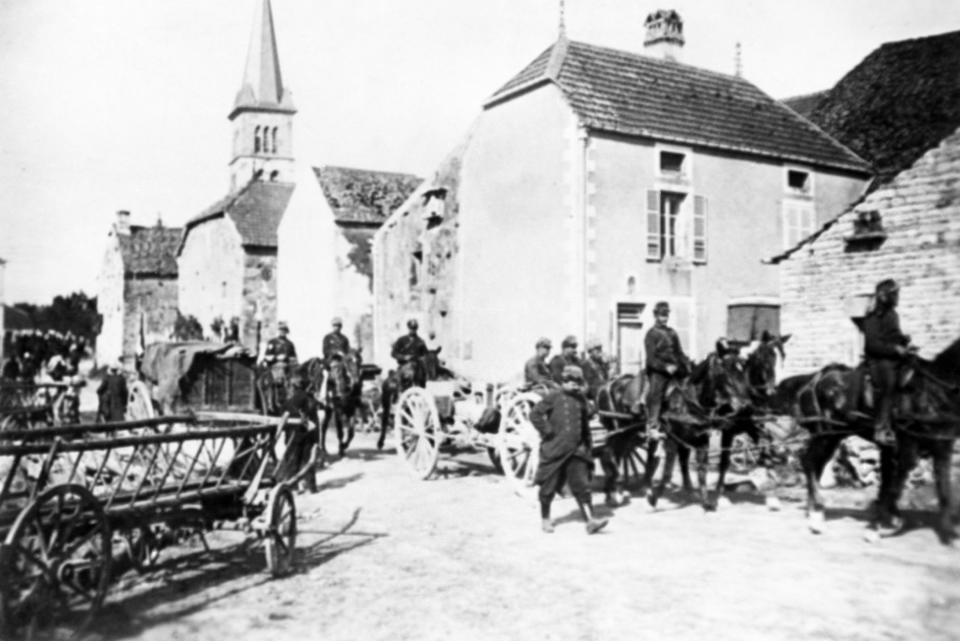 FILE - French cavalry marching through northern France, after driving the Germans back in an undated photo. They were messengers, spies, sentinels and the heavy haulers of World War I, carrying supplies, munitions and food and leading cavalry charges. The horses, mules, dogs and pigeons were a vital part of the Allied war machine, saving countless lives _ and dying by the millions. (AP Photo, File)