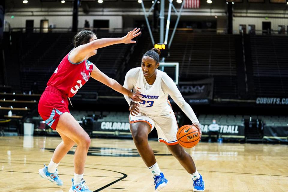 Boise State’s Elodie Lalotte had 10 points and 10 rebounds in the Broncos’ 60-57 loss to Louisiana Tech in the Rocky Mountain Hoops Classic on Friday in Boulder, Colorado.