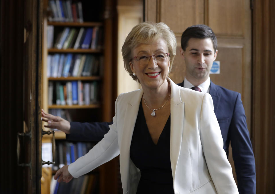 Conservative Party leadership contender Andrea Leadsom arrives to launch her campaign, in London, Tuesday June 11, 2019. The Conservatives are holding an election to replace Prime Minister Theresa May, who resigned as party leader last week after failing to lead Britain out of the European Union on schedule. (AP Photo/Kirsty Wigglesworth)