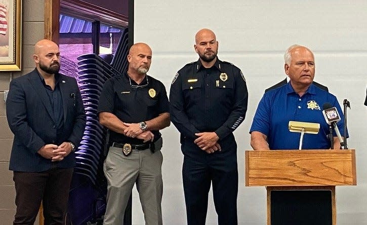 (left to right) Monroe Mayor Friday Ellis, West Monroe Police Chief Jason Pleasant, Monroe Police Chief Vic Zordan and Ouachita Parish Sheriff Jay Russell at a press conference regarding the two-day warrant round-up.