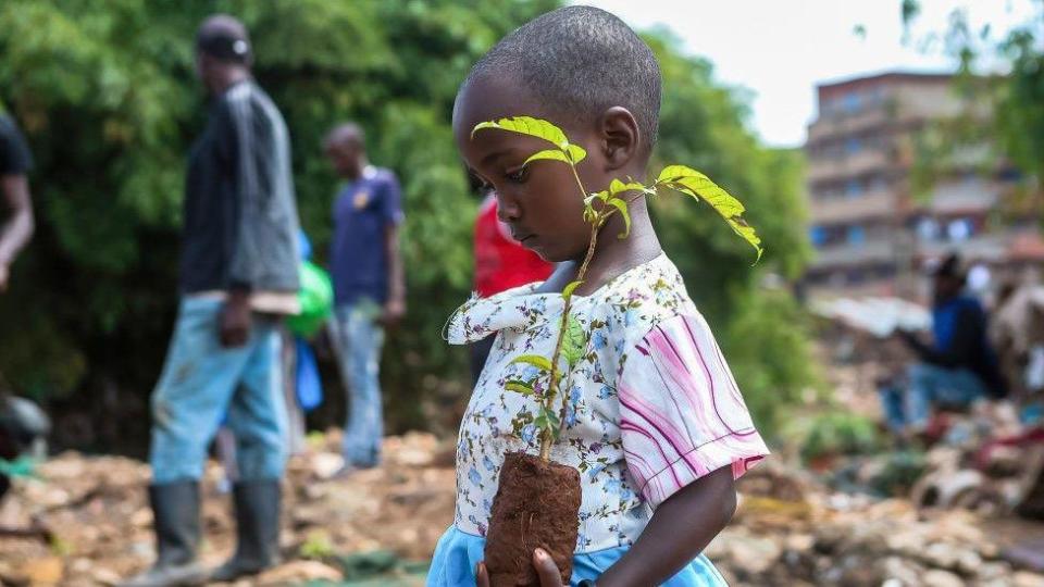 Zamzam Mike Mariam, a four-year-old girl, prepares to plant a tree along the Mathare River in Nairobi, Kenya – Wednesday, June 5, 2024